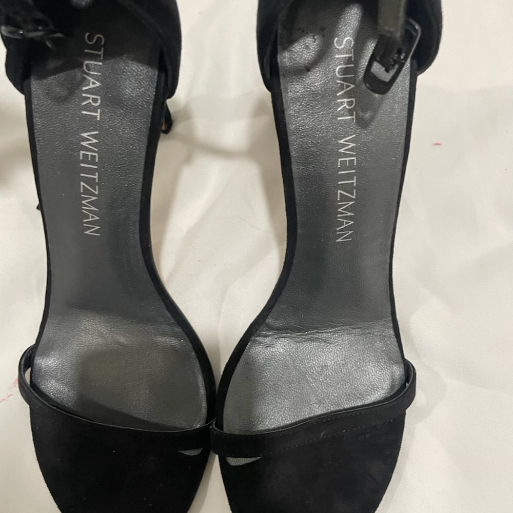 Black suede ankle strap high heel sandals